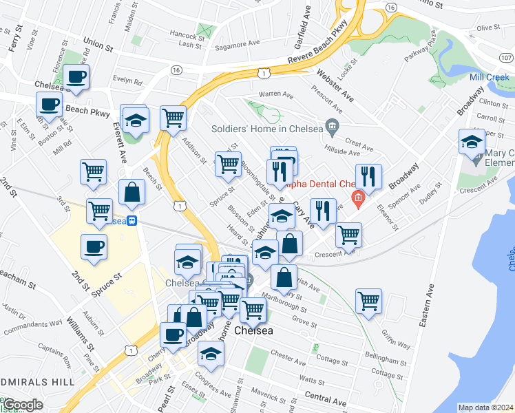 map of restaurants, bars, coffee shops, grocery stores, and more near 38 Eden Street in Chelsea