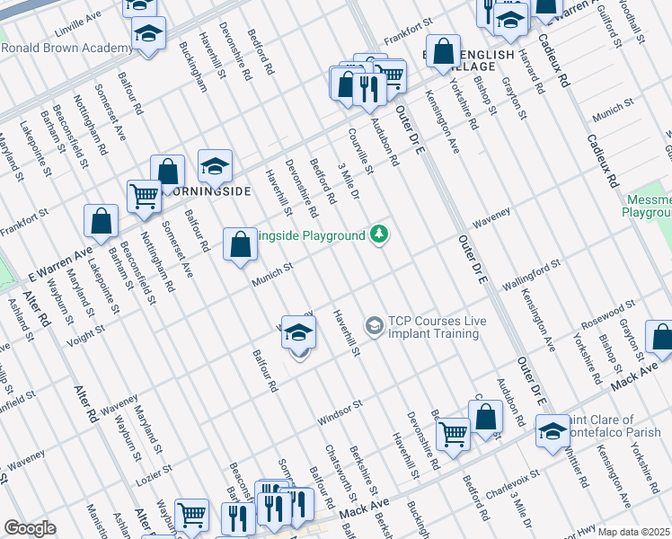 map of restaurants, bars, coffee shops, grocery stores, and more near 4369 Devonshire Road in Detroit