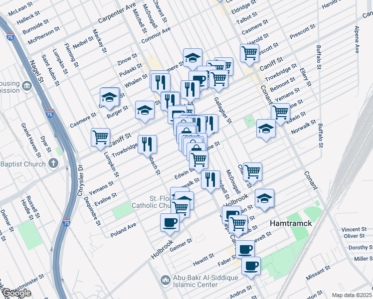 map of restaurants, bars, coffee shops, grocery stores, and more near 9840 Joseph Campau Avenue in Hamtramck