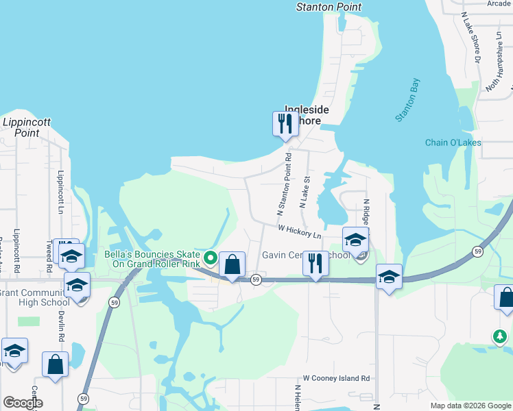 map of restaurants, bars, coffee shops, grocery stores, and more near 26374 West Ingleside Shore Road in Ingleside