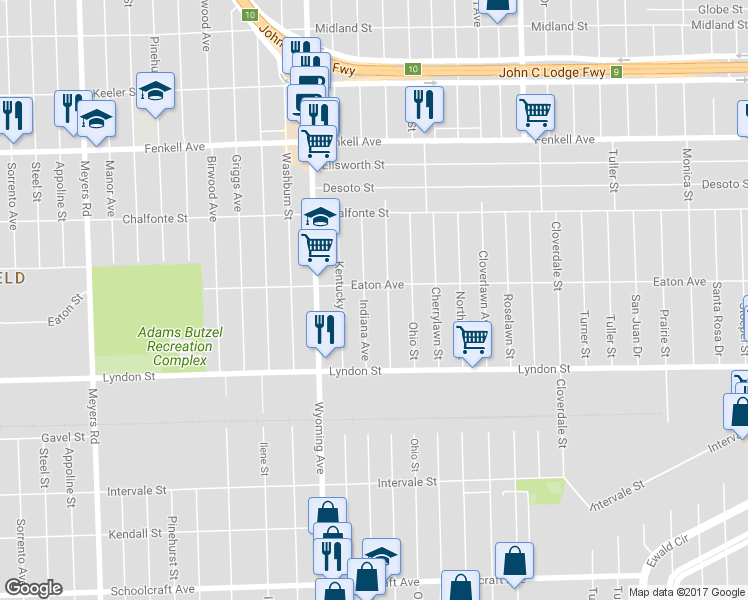 map of restaurants, bars, coffee shops, grocery stores, and more near 14656 Indiana Street in Detroit