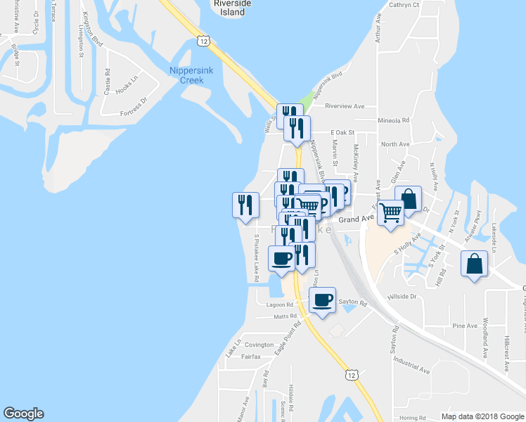 map of restaurants, bars, coffee shops, grocery stores, and more near 19 Meade Court in Fox Lake