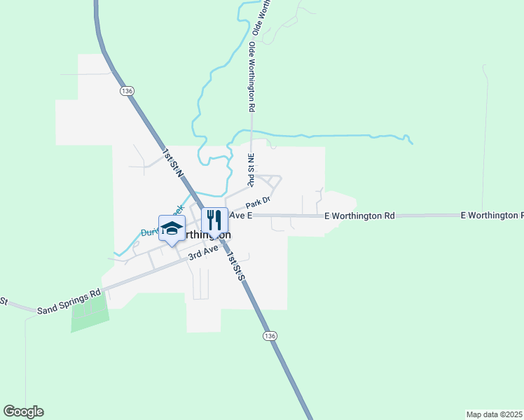 map of restaurants, bars, coffee shops, grocery stores, and more near 216 1st Avenue East in Worthington