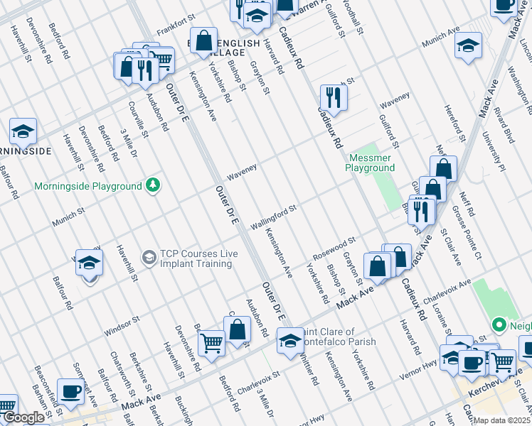 map of restaurants, bars, coffee shops, grocery stores, and more near 4114 Kensington Avenue in Detroit