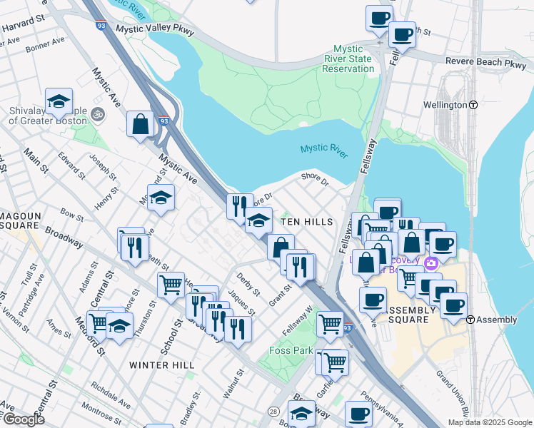 map of restaurants, bars, coffee shops, grocery stores, and more near 114 Governor Winthrop Road in Somerville