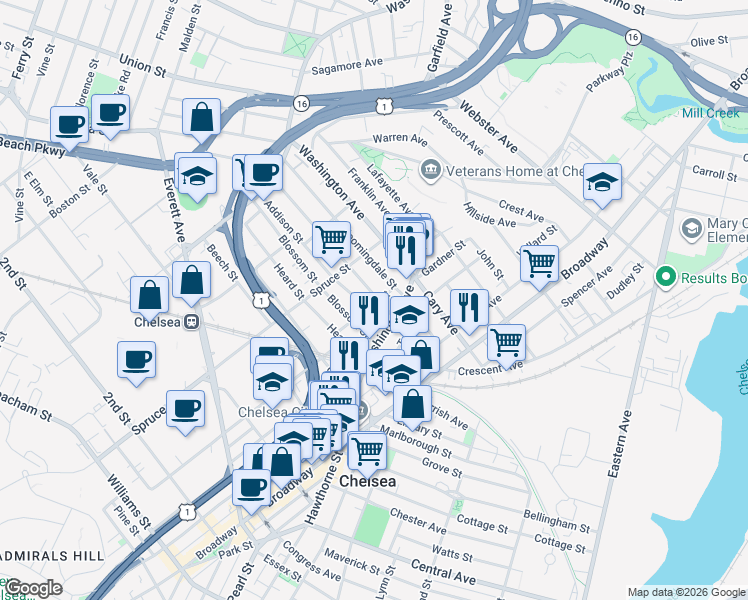 map of restaurants, bars, coffee shops, grocery stores, and more near 38 Eden Street in Chelsea