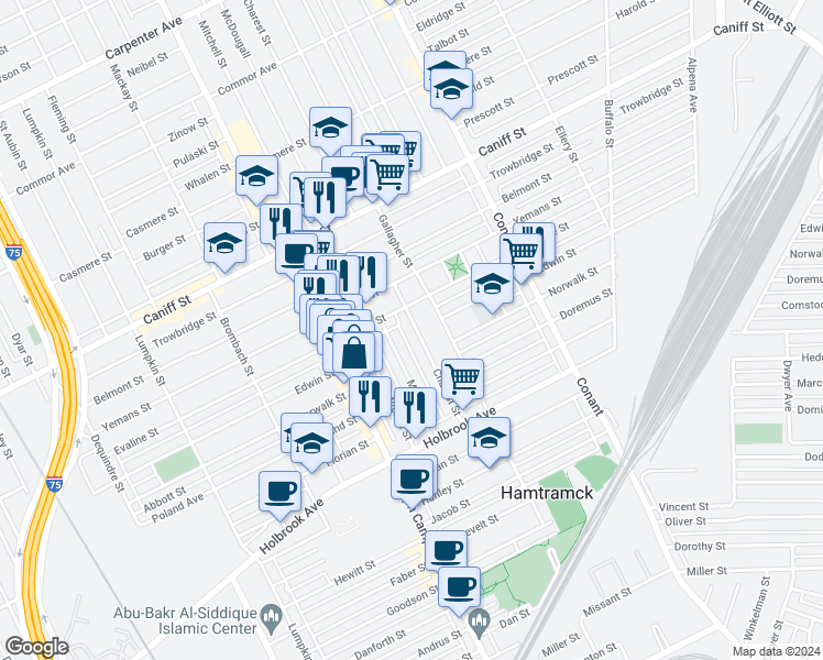 map of restaurants, bars, coffee shops, grocery stores, and more near 9519 Charest Street in Hamtramck