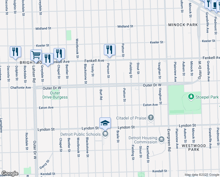 map of restaurants, bars, coffee shops, grocery stores, and more near 10931 Outer Drive West in Detroit