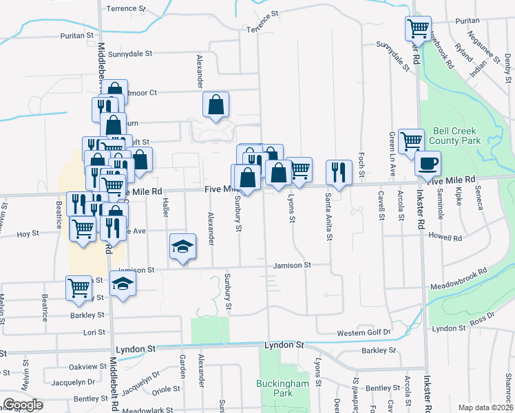 map of restaurants, bars, coffee shops, grocery stores, and more near 15161 Harrison Street in Livonia