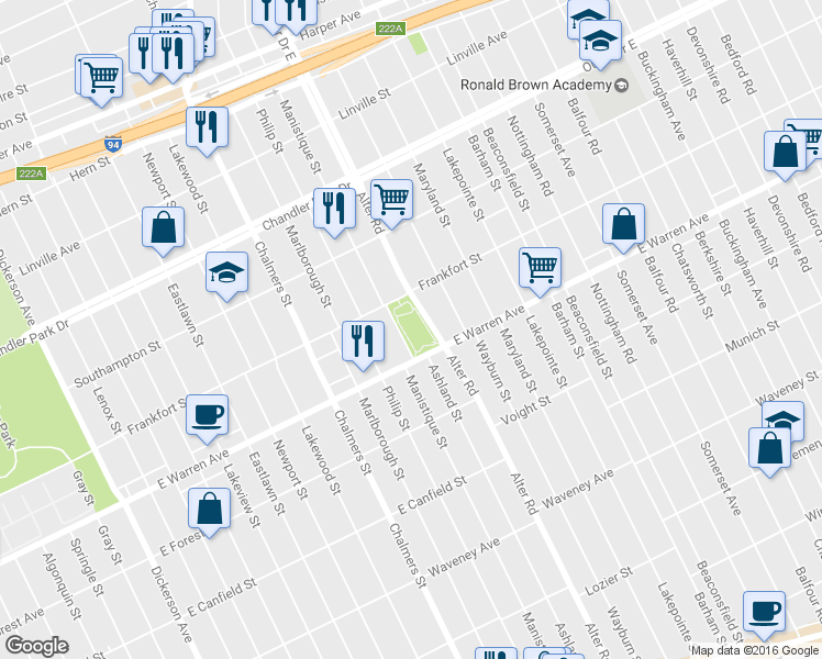 map of restaurants, bars, coffee shops, grocery stores, and more near 5198 Manistique St in Detroit