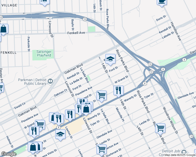 map of restaurants, bars, coffee shops, grocery stores, and more near 2287 Ford Street in Detroit
