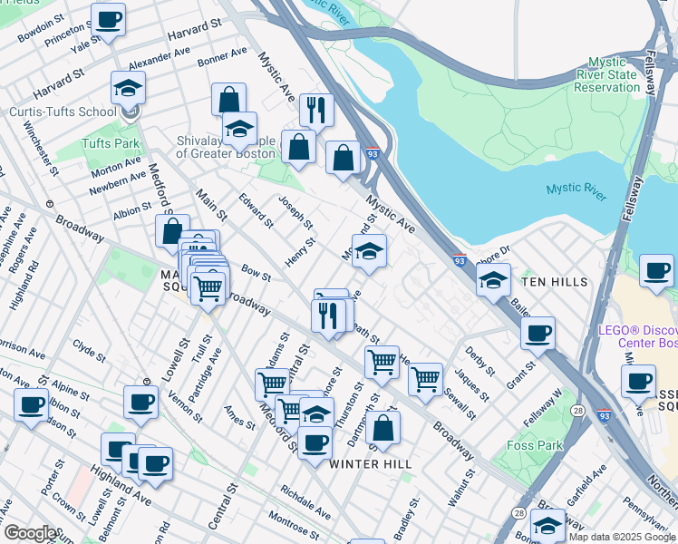 map of restaurants, bars, coffee shops, grocery stores, and more near 53 Moreland Street in Somerville