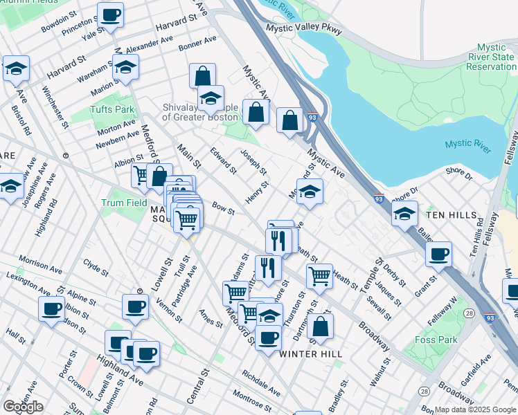 map of restaurants, bars, coffee shops, grocery stores, and more near 25 Fremont Street in Somerville