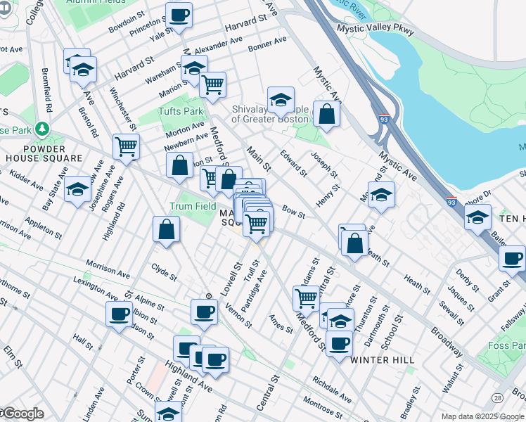 map of restaurants, bars, coffee shops, grocery stores, and more near 483 Broadway in Medford