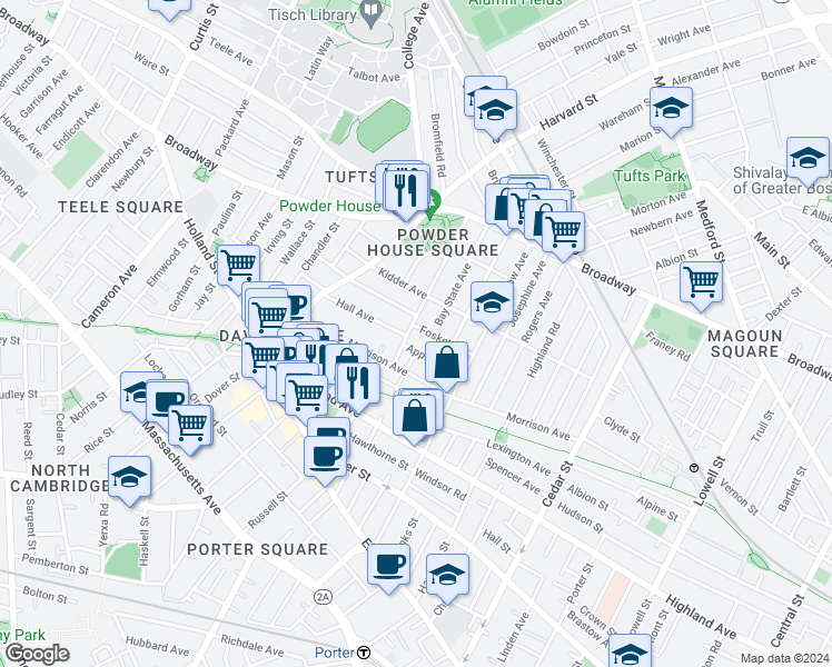 map of restaurants, bars, coffee shops, grocery stores, and more near 91 Bay State Avenue in Somerville