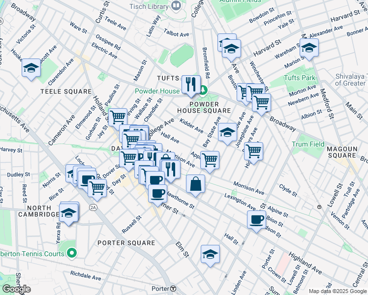 map of restaurants, bars, coffee shops, grocery stores, and more near 63 Hall Avenue in Somerville