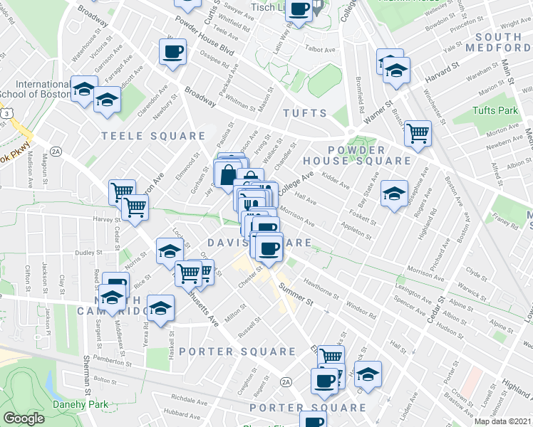 map of restaurants, bars, coffee shops, grocery stores, and more near in Somerville