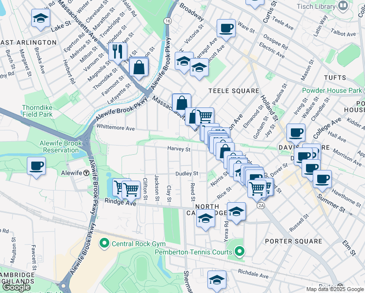 map of restaurants, bars, coffee shops, grocery stores, and more near 85 Harvey Street in Cambridge