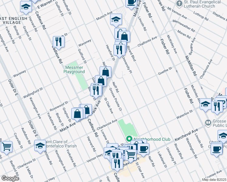 map of restaurants, bars, coffee shops, grocery stores, and more near 887 Neff Road in Grosse Pointe