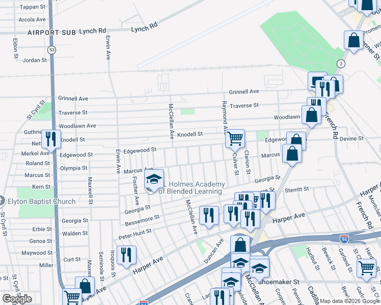map of restaurants, bars, coffee shops, grocery stores, and more near 9150 Isham Avenue in Detroit