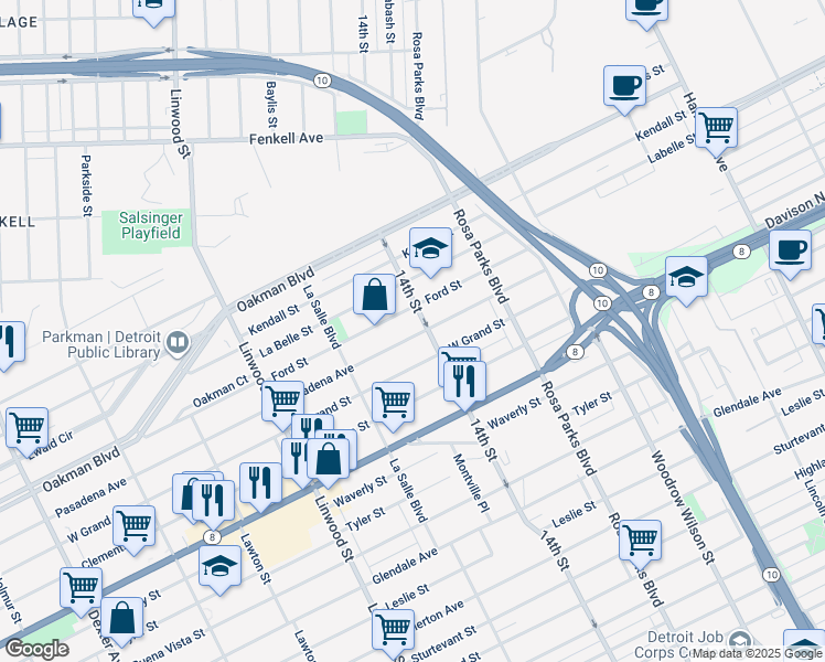 map of restaurants, bars, coffee shops, grocery stores, and more near 2216 Pasadena Street in Detroit