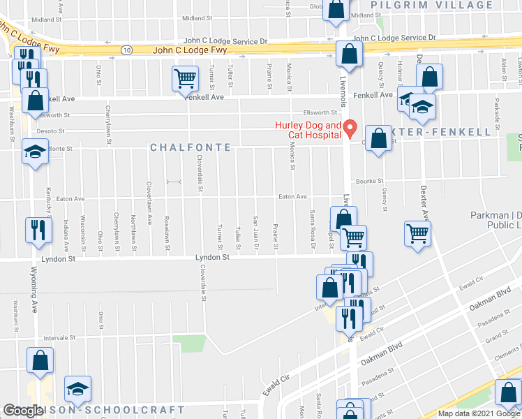 map of restaurants, bars, coffee shops, grocery stores, and more near 14647 Prairie Street in Detroit