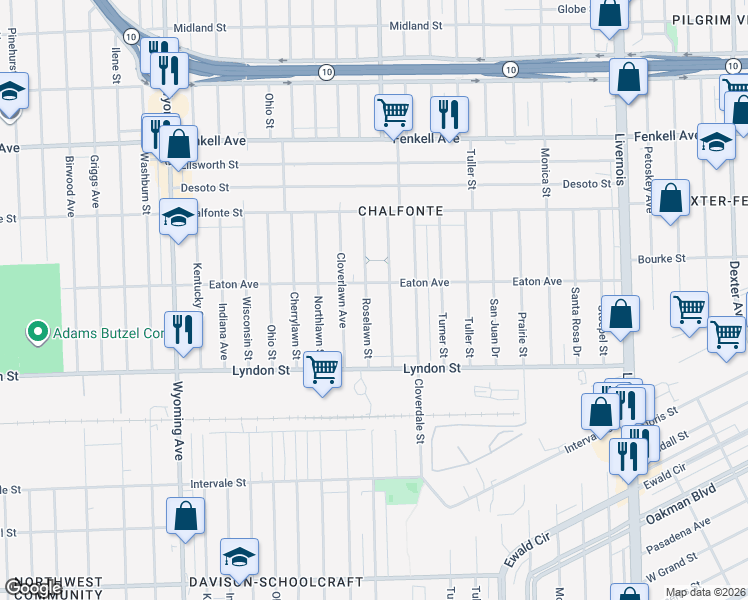 map of restaurants, bars, coffee shops, grocery stores, and more near 14656 Roselawn Street in Detroit