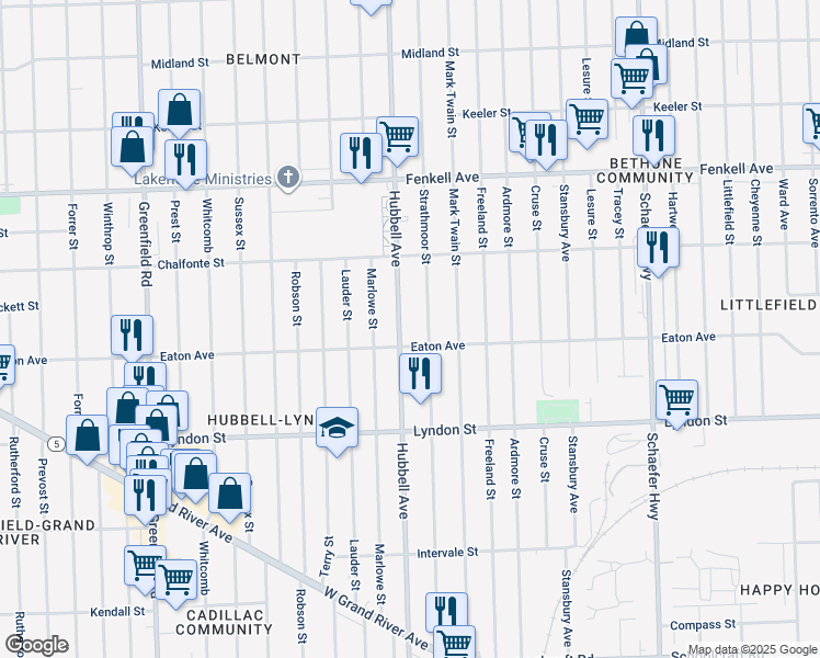 map of restaurants, bars, coffee shops, grocery stores, and more near 14828 Hubbell Avenue in Detroit