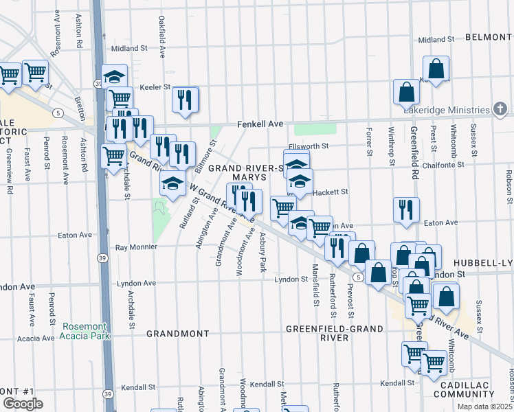 map of restaurants, bars, coffee shops, grocery stores, and more near 14765 Mettetal Street in Detroit