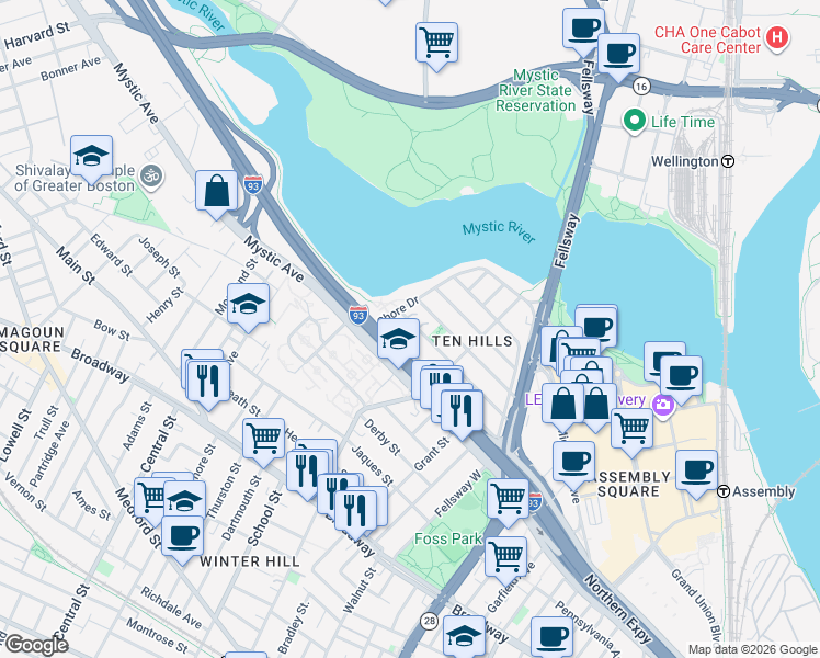 map of restaurants, bars, coffee shops, grocery stores, and more near 116 Governor Winthrop Road in Somerville