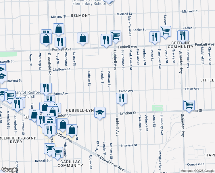 map of restaurants, bars, coffee shops, grocery stores, and more near 14833 Marlowe Street in Detroit