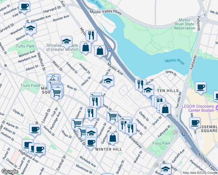 map of restaurants, bars, coffee shops, grocery stores, and more near 5 Meacham Street in Somerville