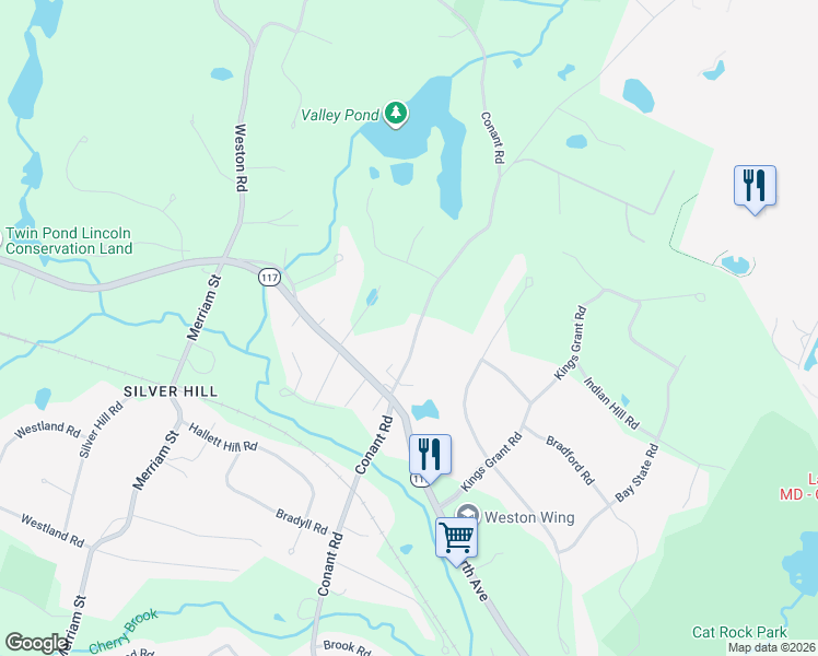 map of restaurants, bars, coffee shops, grocery stores, and more near 416 Conant Road in Weston