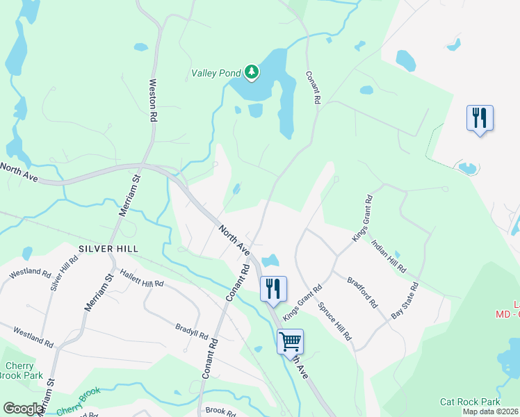 map of restaurants, bars, coffee shops, grocery stores, and more near 416 Conant Road in Weston