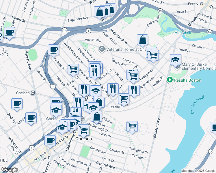 map of restaurants, bars, coffee shops, grocery stores, and more near 7 George Street in Chelsea