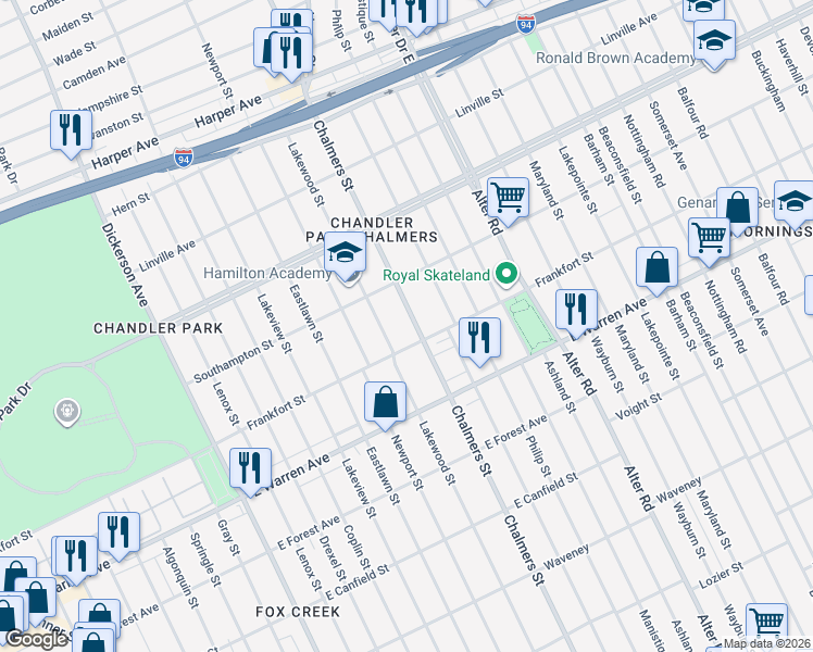 map of restaurants, bars, coffee shops, grocery stores, and more near 5235 Chalmers St in Detroit
