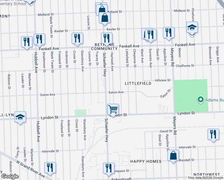 map of restaurants, bars, coffee shops, grocery stores, and more near 14811 Hartwell Street in Detroit