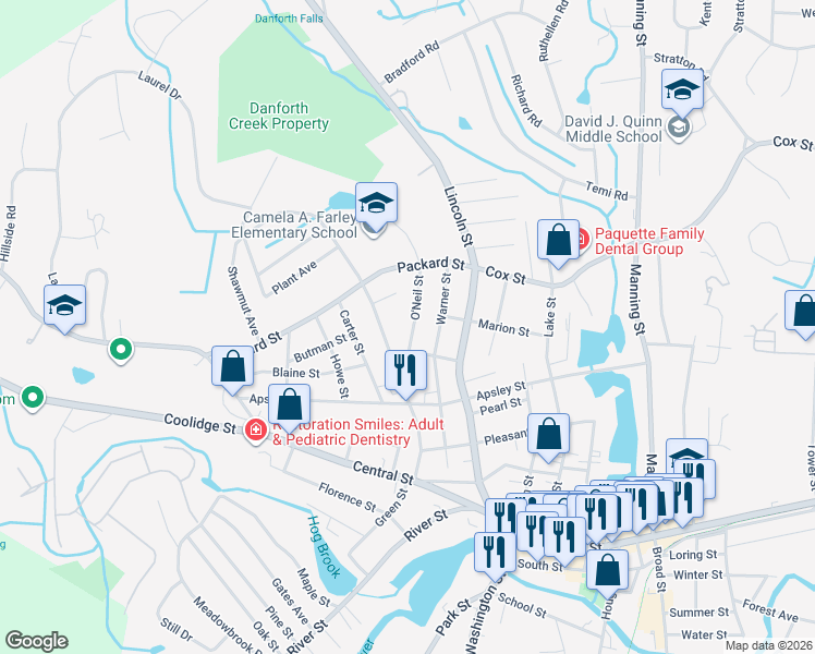 map of restaurants, bars, coffee shops, grocery stores, and more near 24 O'Neil Street in Hudson