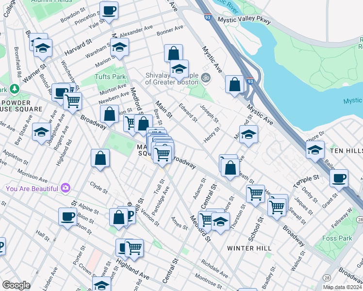 map of restaurants, bars, coffee shops, grocery stores, and more near 85 Bow Street in Medford