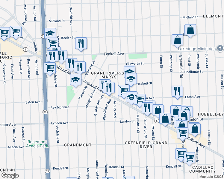map of restaurants, bars, coffee shops, grocery stores, and more near 14765 Mettetal Street in Detroit