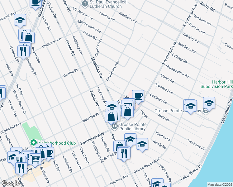 map of restaurants, bars, coffee shops, grocery stores, and more near 213 Muir Road in Grosse Pointe Farms