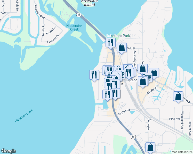 map of restaurants, bars, coffee shops, grocery stores, and more near 12 North Pistakee Lake Road in Fox Lake