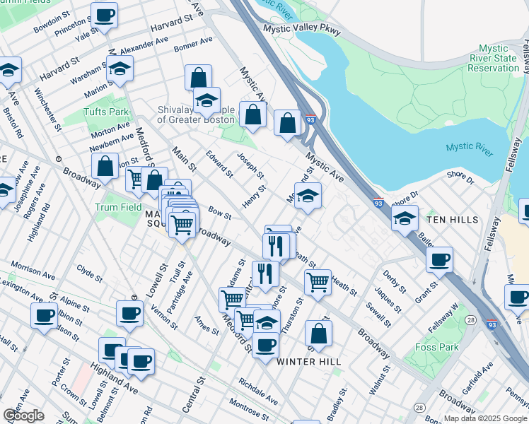map of restaurants, bars, coffee shops, grocery stores, and more near 25 Fremont Street in Somerville