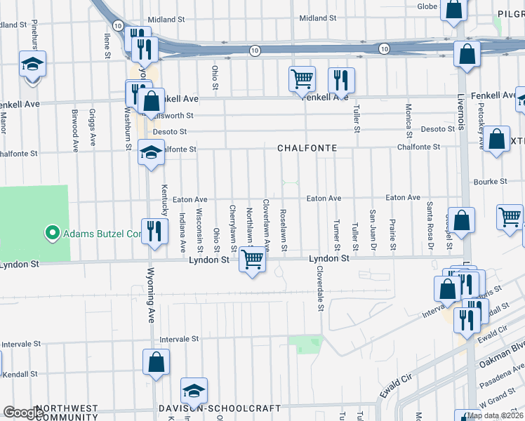 map of restaurants, bars, coffee shops, grocery stores, and more near 14655 Cloverlawn Avenue in Detroit