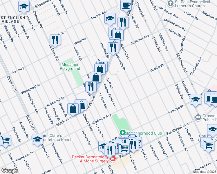 map of restaurants, bars, coffee shops, grocery stores, and more near 887 Neff Road in Grosse Pointe