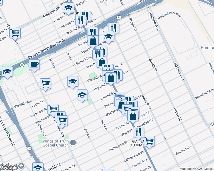map of restaurants, bars, coffee shops, grocery stores, and more near 21 Highland Street in Highland Park