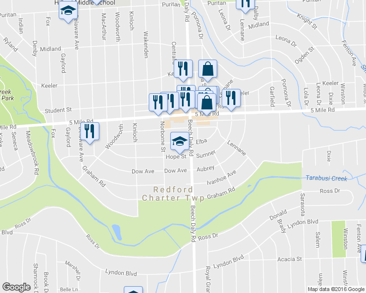 map of restaurants, bars, coffee shops, grocery stores, and more near 25825 Elba in Redford Charter Township