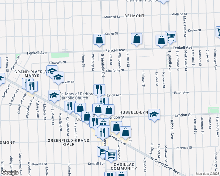 map of restaurants, bars, coffee shops, grocery stores, and more near 14857 Prest Street in Detroit