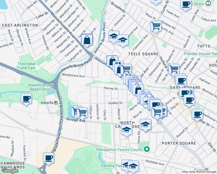 map of restaurants, bars, coffee shops, grocery stores, and more near 109 Harvey Street in Cambridge