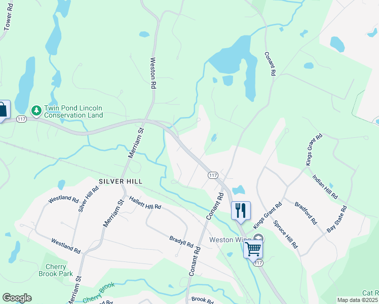 map of restaurants, bars, coffee shops, grocery stores, and more near 415 Massachusetts 117 in Weston